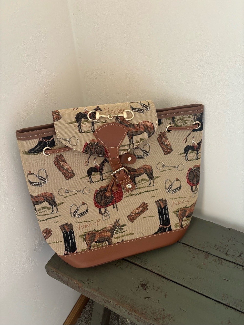 Canvas Equestrian Print Bucket Backpack Bag with Brown Trim